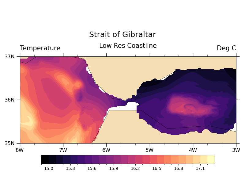 Strait of Gibraltar, Temperature, Low Res Coastline, Deg C