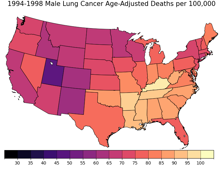 1994-1998 Male Lung Cancer Age-Adjusted Deaths per 100,000