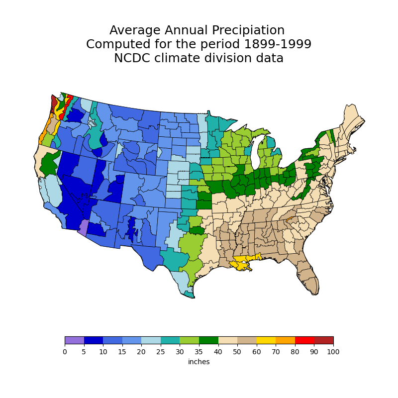 Average Annual Precipiation   Computed for the period 1899-1999   NCDC climate division data