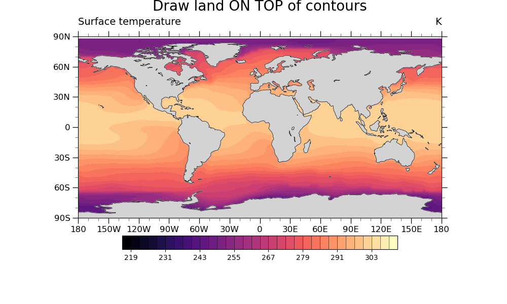 Surface temperature, Draw land ON TOP of contours, K