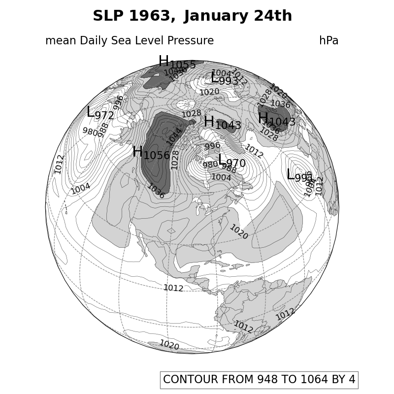 mean Daily Sea Level Pressure, $\bf{SLP}$ $\bf{1963,}$ $\bf{January}$ $\bf{24th}$, hPa