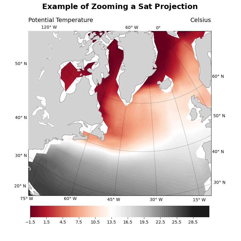 Potential Temperature, $\bf{Example}$ $\bf{of}$ $\bf{Zooming}$ $\bf{a}$ $\bf{Sat}$ $\bf{Projection}$, Celsius